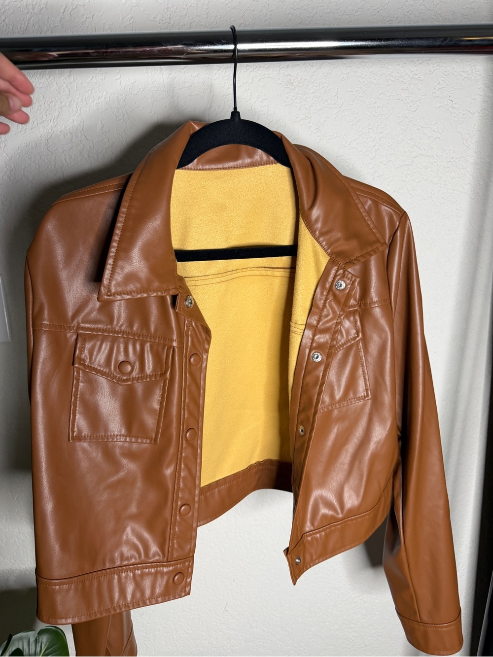 Women’s Cognac Faux Leather Jacket with Yellow Liner